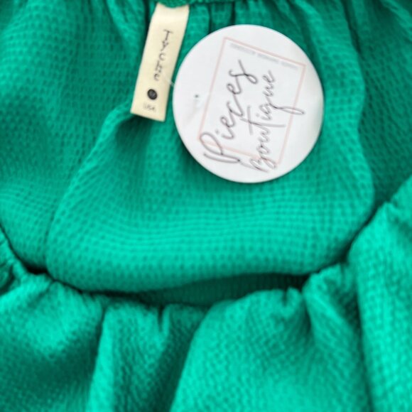 Women's Festival Party Bubble Crepe Blouse Green Ruffles NWT, TYCHE, $54, USA - Picture 5 of 7